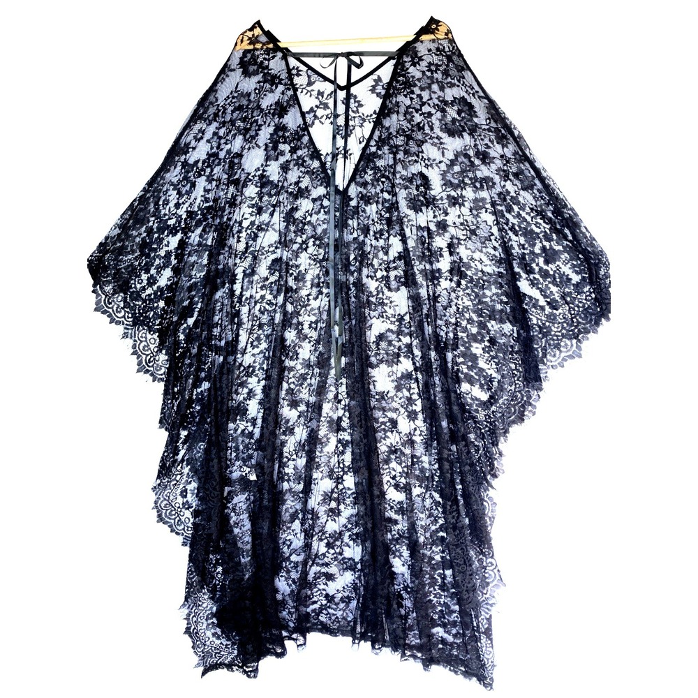 Sheer Lace Maxi Cloak Cape Whimsigoth Goth Emo Flowy Kimono Womens OS Black - Picture 2 of 12